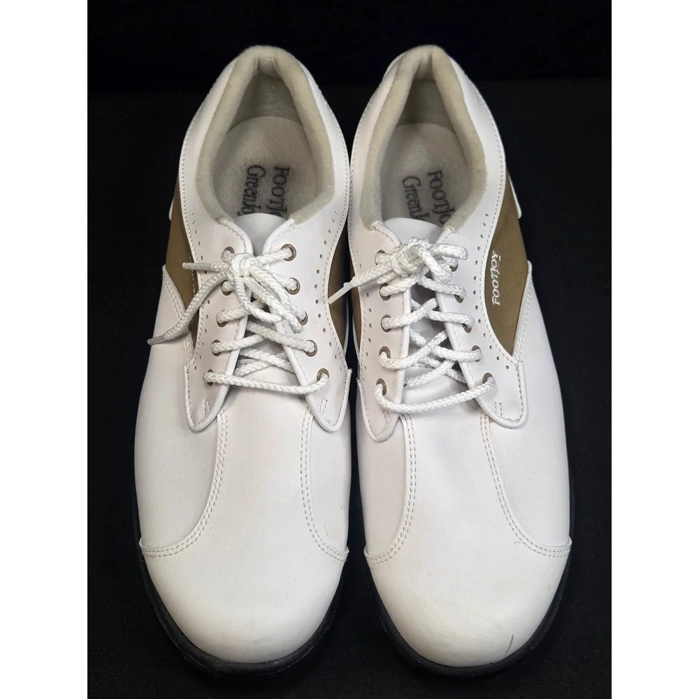 FootJoy GreenJoys Women 9.5 M White Tan Saddle Spiked leather Golf Shoes 48377